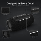 BEEVVOS 5 Mini wireless speaker close-up showing textured fabric mesh, top controls, dual knobs and LED accent strip.