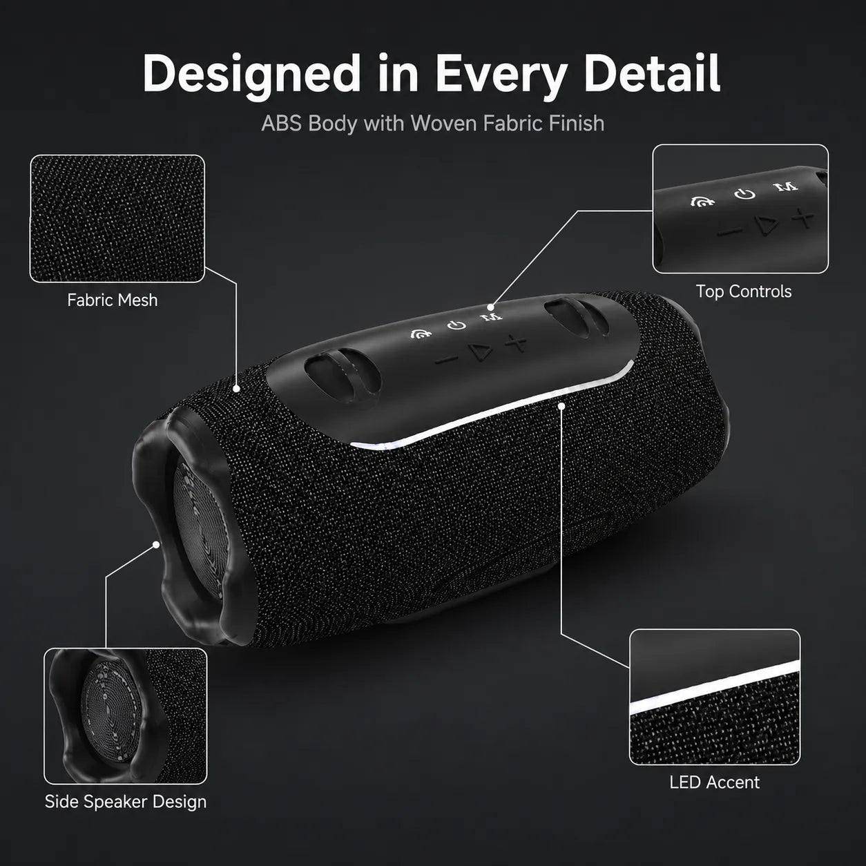 BEEVVOS 5 Mini wireless speaker close-up showing textured fabric mesh, top controls, dual knobs and LED accent strip.