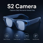 BEEVVOS S2 Max camera smart glasses shown in black, blue and white with rectangular frames and integrated front cameras