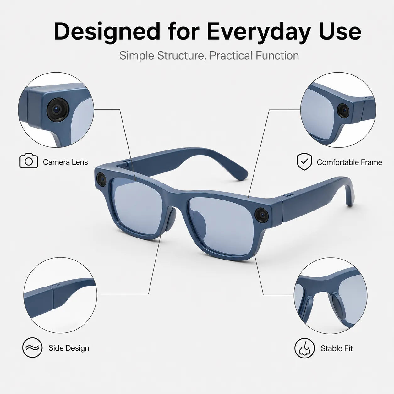 BEEVVOS S2 Max camera smart glasses with a close-up view of the integrated camera positioned on the front frame