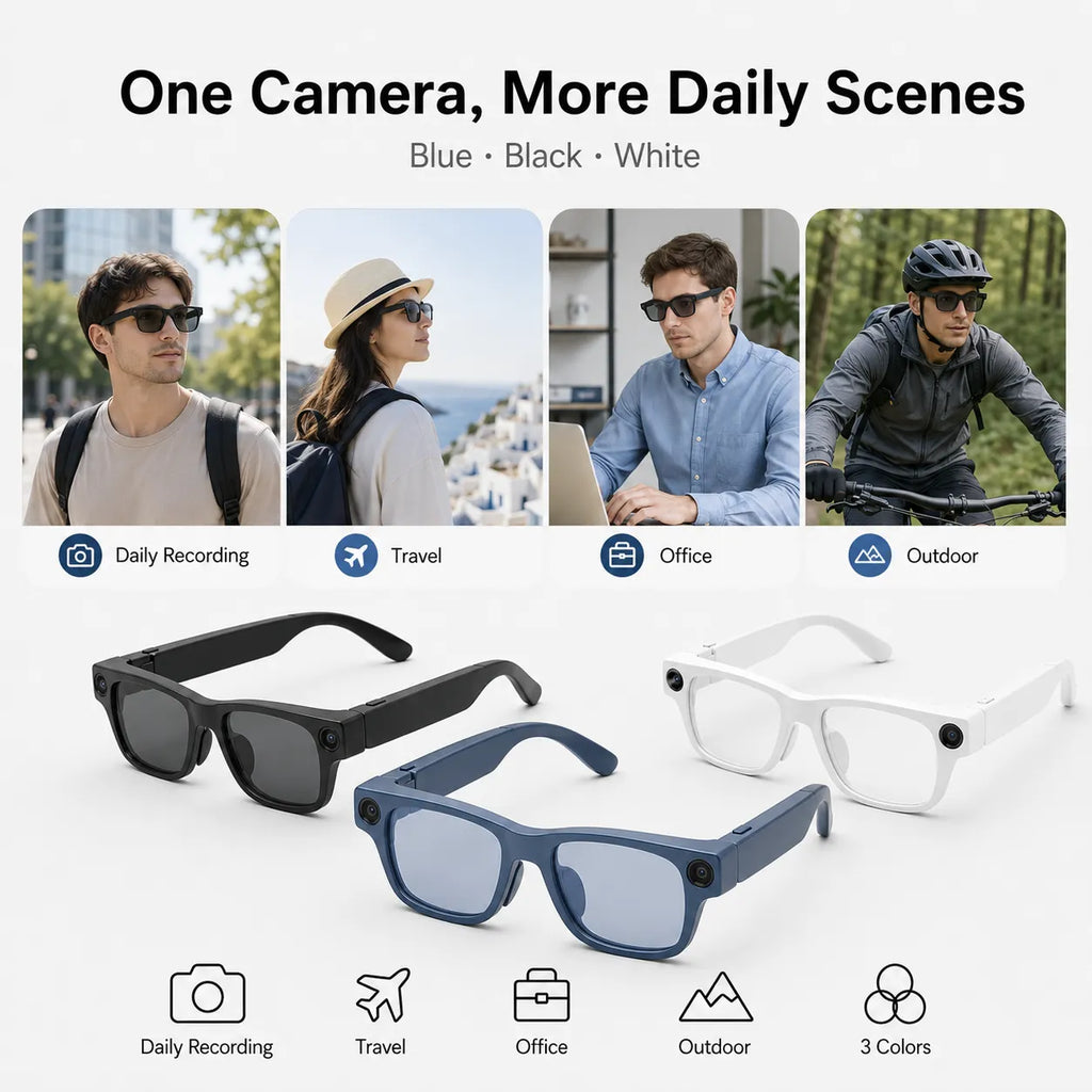 BEEVVOS S2 Max smart camera glasses detail view featuring the camera area, frame connection and side profile