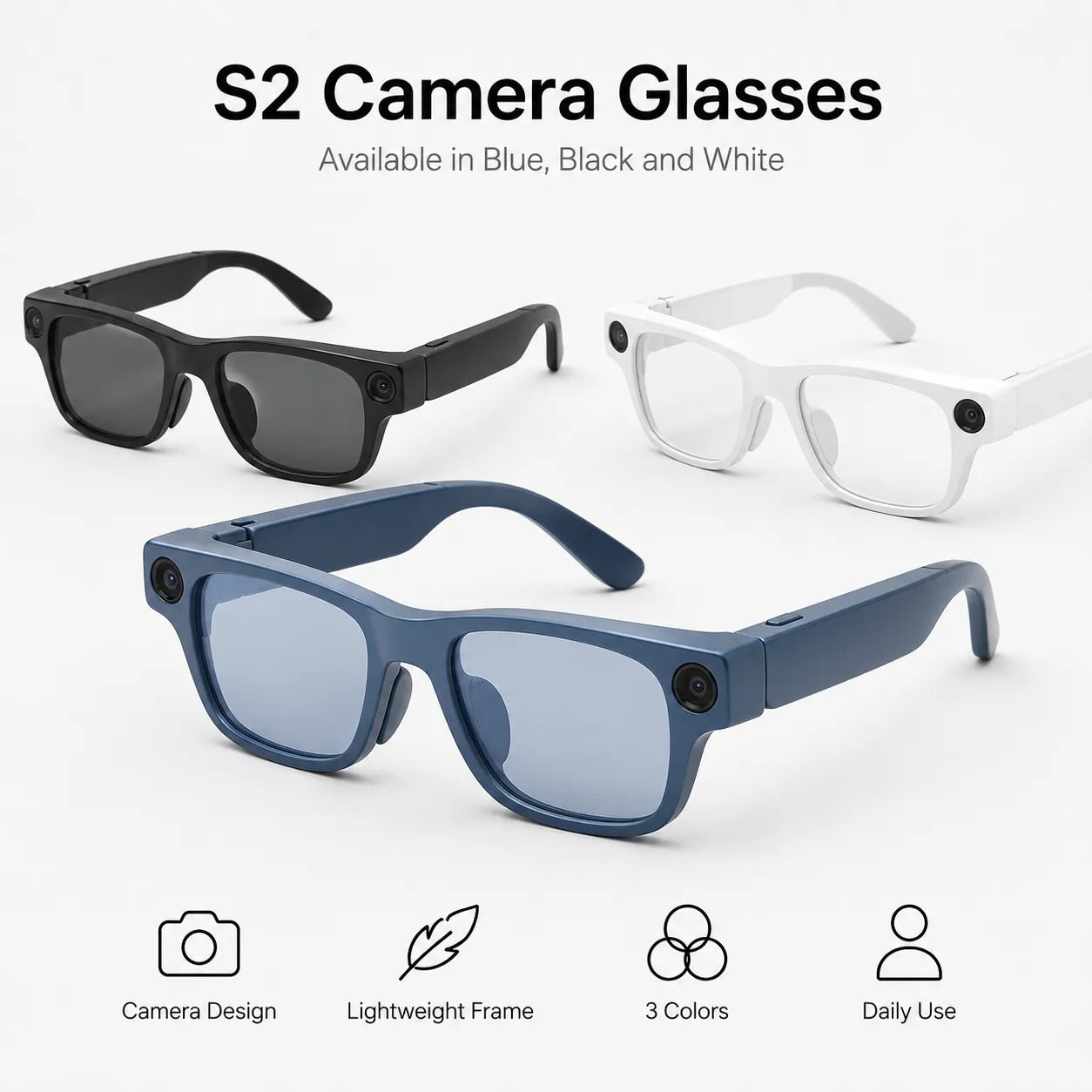 BEEVVOS S2 Max camera smart glasses available in black, blue and white for travel, outdoor and everyday activities