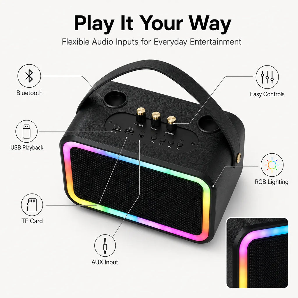 BEEVVOS M13 PRO+ karaoke speaker shown with two wireless microphones for duets, parties and home entertainment.