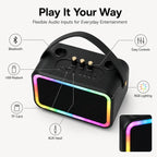 BEEVVOS M13 PRO+ karaoke speaker shown with two wireless microphones for duets, parties and home entertainment.