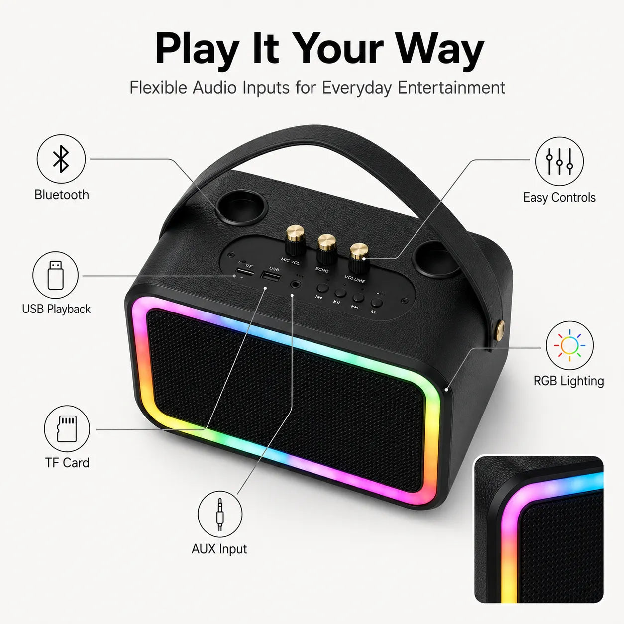 BEEVVOS M13 PRO+ karaoke speaker shown with two wireless microphones for duets, parties and home entertainment.