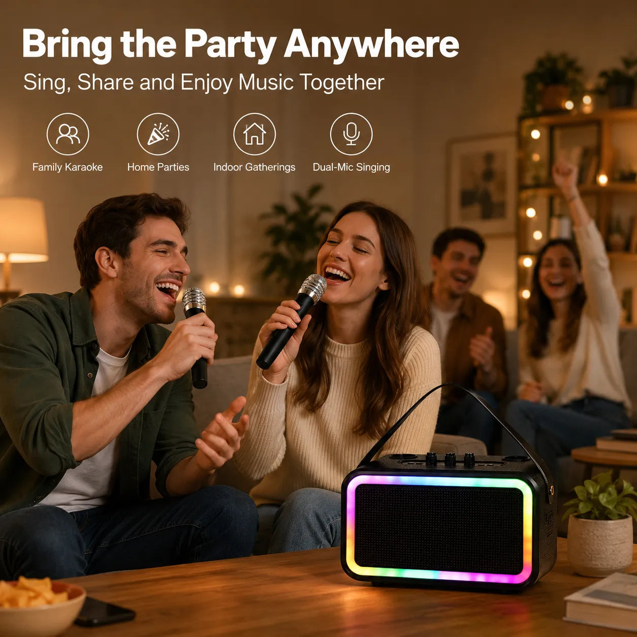 BEEVVOS M13 PRO+ portable karaoke speaker used with dual wireless microphones during a family home karaoke party.