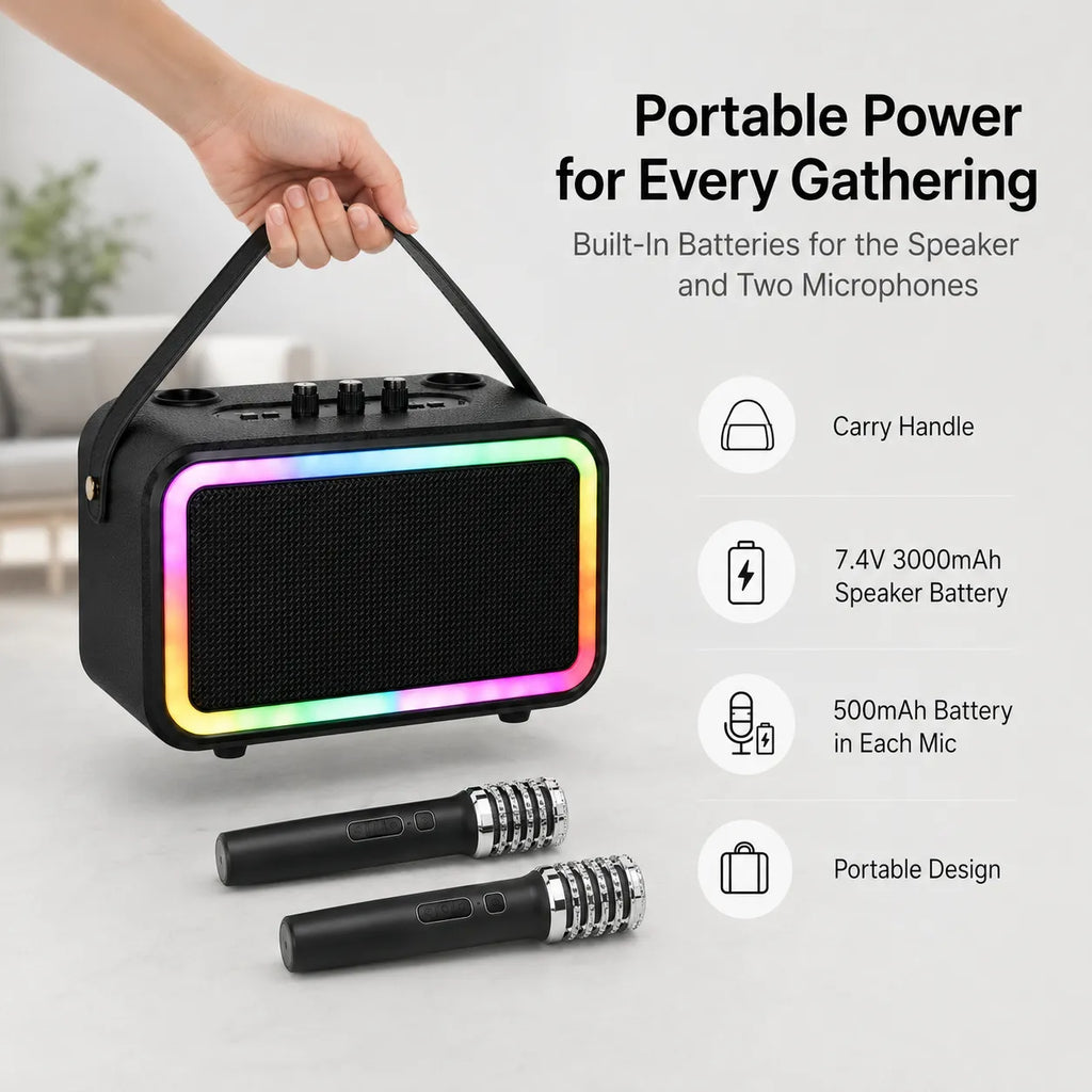 BEEVVOS M13 PRO+ Bluetooth karaoke speaker featuring USB, TF card, AUX, DSP processing and colorful RGB lighting.