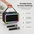 BEEVVOS M13 PRO+ Bluetooth karaoke speaker featuring USB, TF card, AUX, DSP processing and colorful RGB lighting.