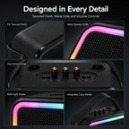 EEVVOS M13 PRO+ karaoke speaker detail view showing PU exterior, wooden enclosure, iron grille, controls and RGB light.