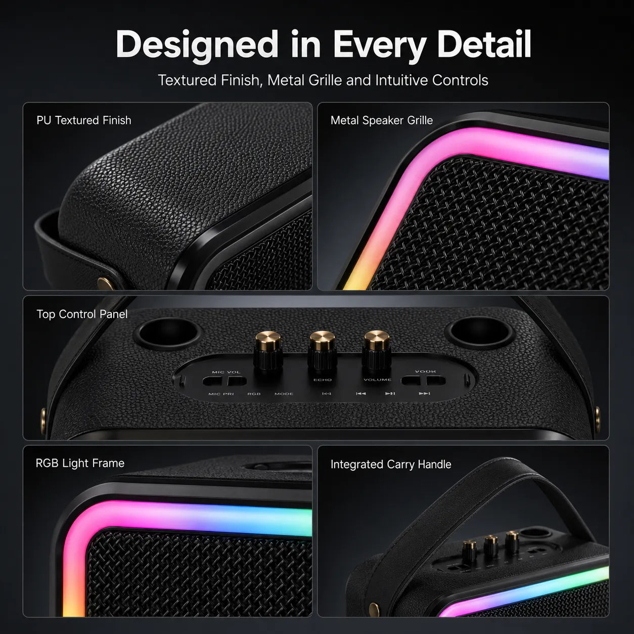 EEVVOS M13 PRO+ karaoke speaker detail view showing PU exterior, wooden enclosure, iron grille, controls and RGB light.