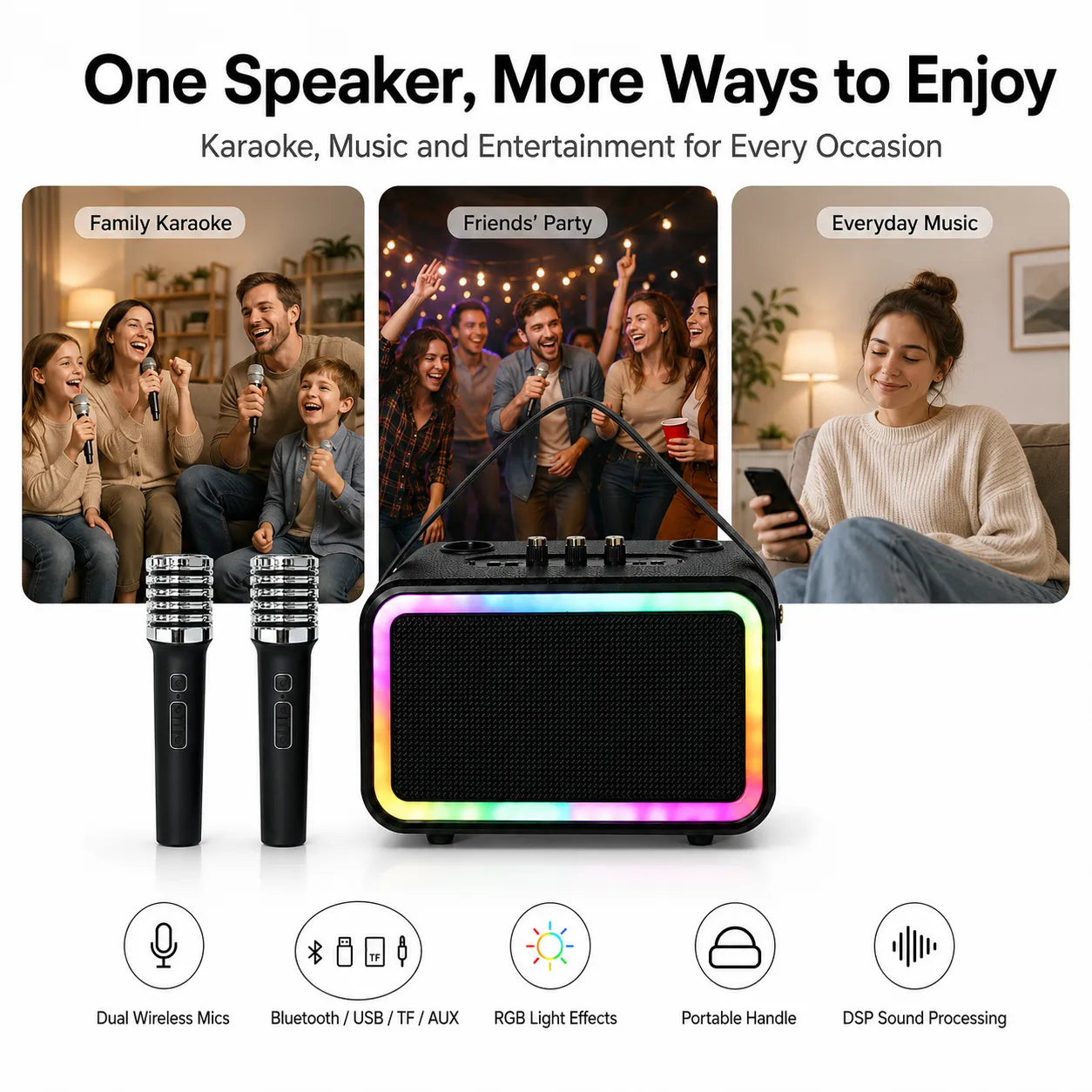 BEEVVOS M13 PRO+ portable karaoke speaker for home gatherings, birthday parties and dry outdoor entertainment.