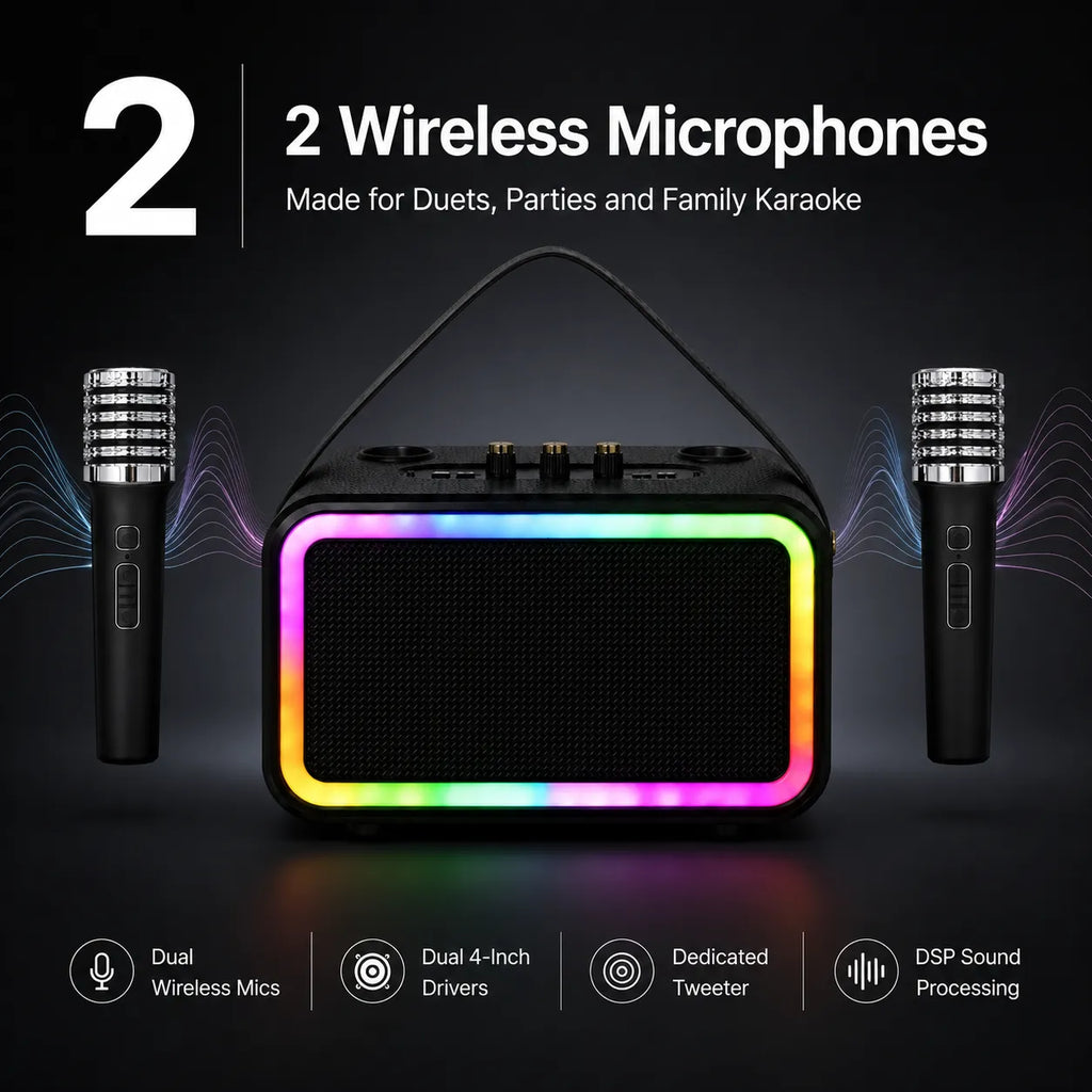 BEEVVOS M13 PRO+ portable speaker size and battery graphic with carrying strap, 3000mAh battery and microphone batteries.