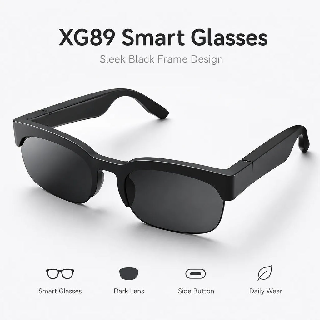 BEEVVOS XG89 smart audio glasses with black frame, tinted lenses and integrated electronic temple design on a clean background