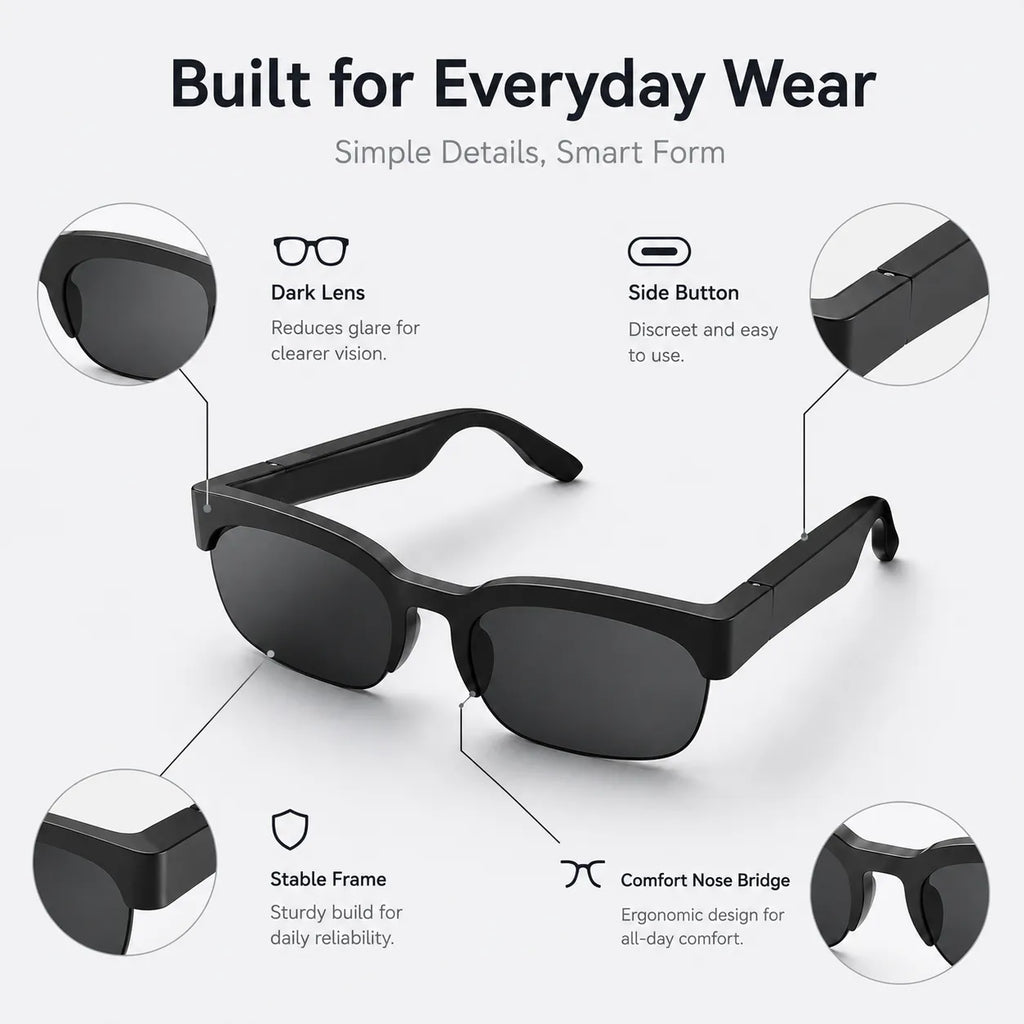 BEEVVOS XG89 smart glasses close-up highlighting the side control area, tinted lenses and electronic temple construction