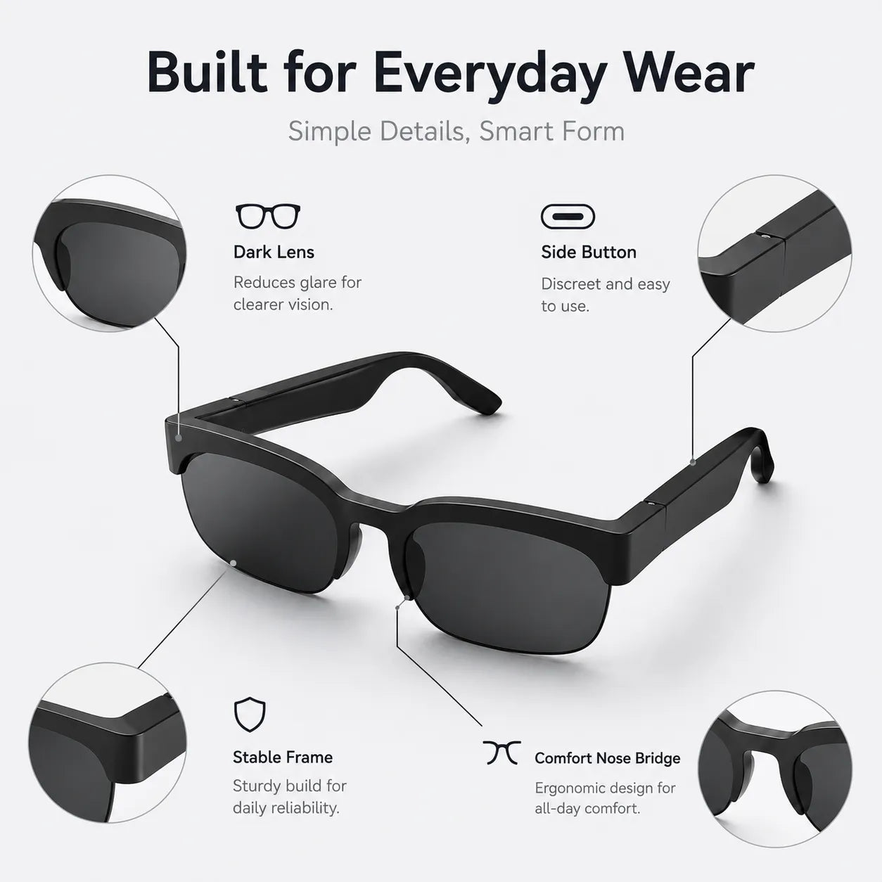 BEEVVOS XG89 smart glasses close-up highlighting the side control area, tinted lenses and electronic temple construction