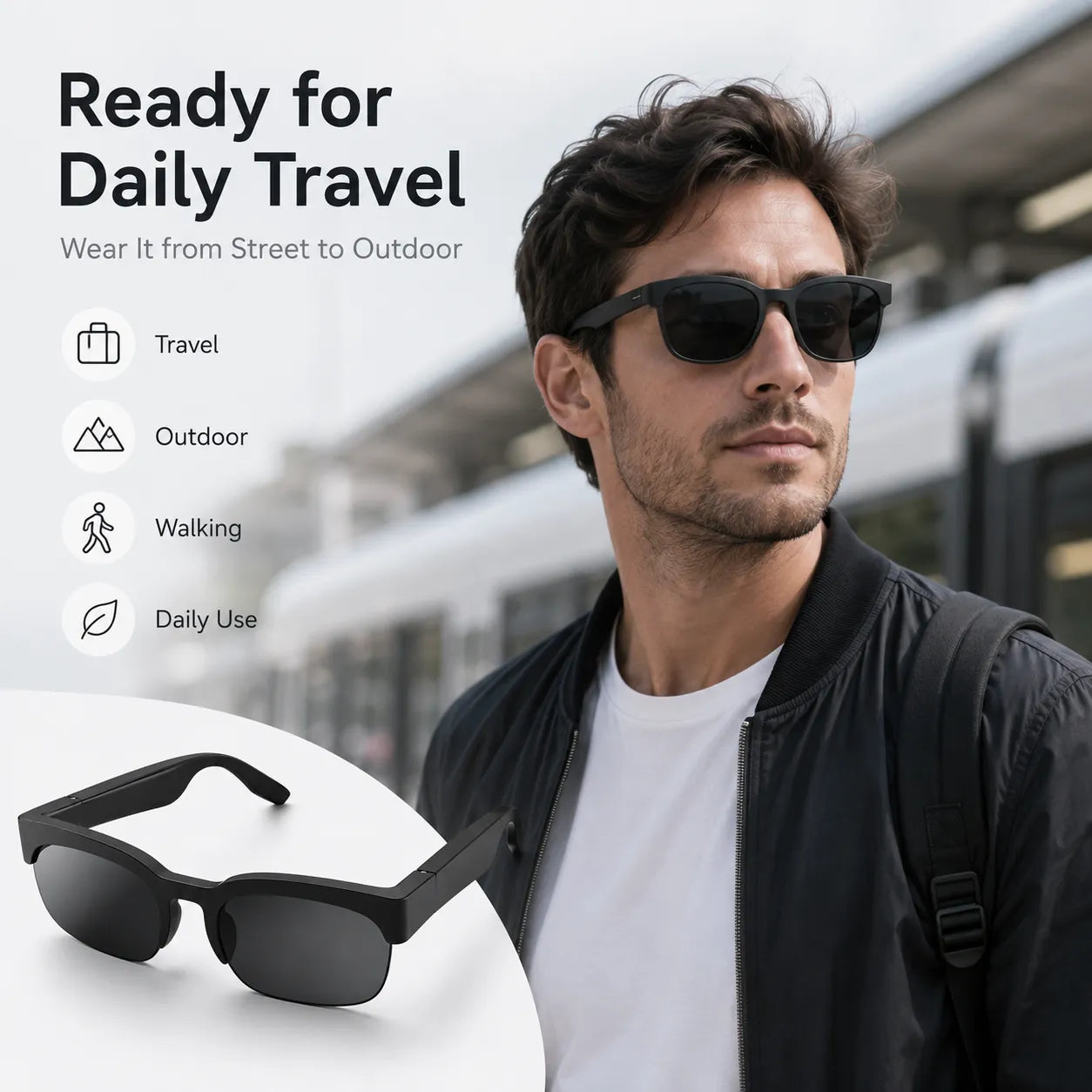 Person wearing BEEVVOS XG89 smart audio glasses with black tinted lenses during an urban commute and outdoor walk