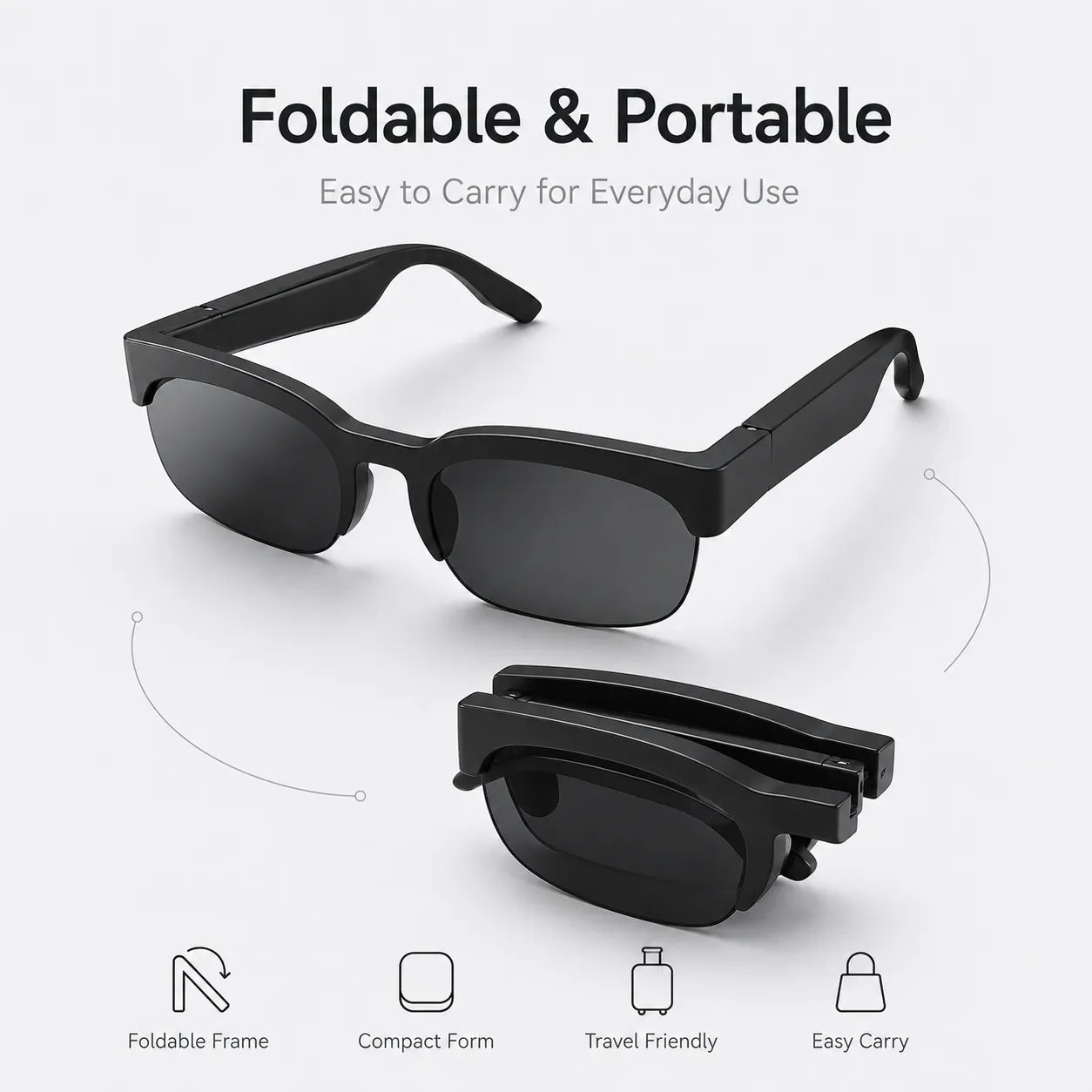 BEEVVOS XG89 foldable smart sunglasses displayed in open and folded positions for everyday carrying and travel