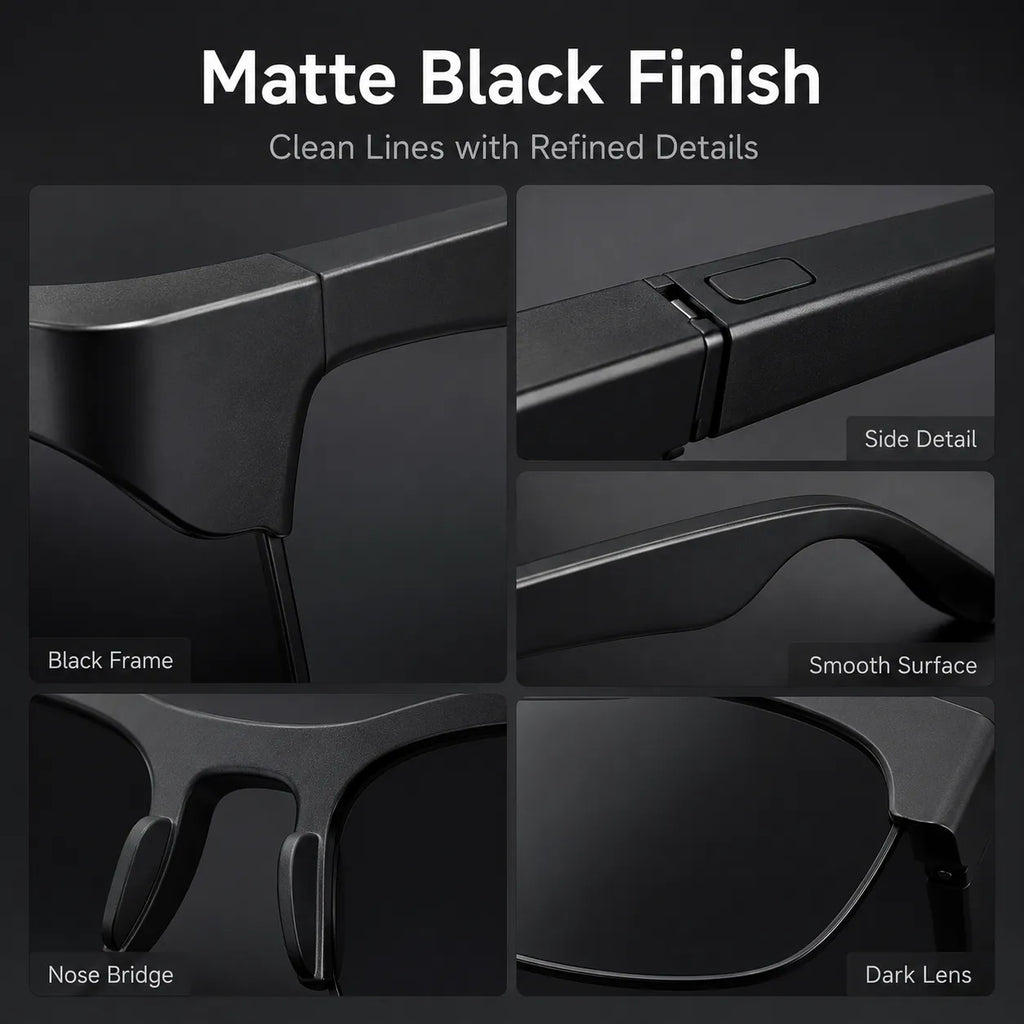 Detailed view of BEEVVOS XG89 smart audio glasses showing the black frame, lens edges and integrated side controls