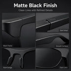 Detailed view of BEEVVOS XG89 smart audio glasses showing the black frame, lens edges and integrated side controls