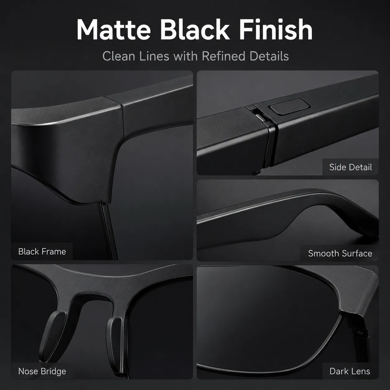 Detailed view of BEEVVOS XG89 smart audio glasses showing the black frame, lens edges and integrated side controls