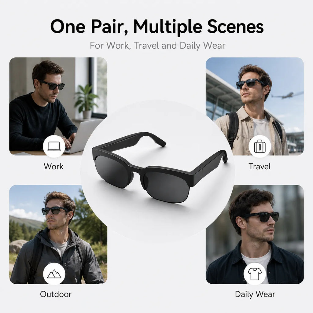 BEEVVOS XG89 smart sunglasses presented for commuting, walking and travel with black frame and tinted lens design