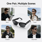 BEEVVOS XG89 smart sunglasses presented for commuting, walking and travel with black frame and tinted lens design