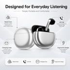 BEEVVOS LDW-430 TWS earbuds functional overview image highlighting metal finish, ergonomic shape and charging case