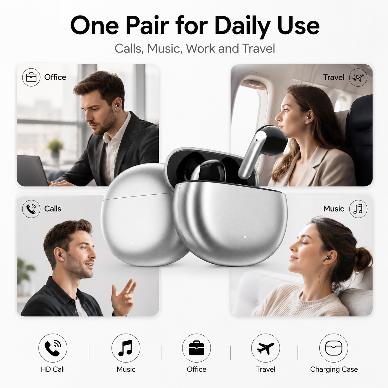 BEEVVOS LDW-430 wireless earbuds summary image showing dual colors, HD call support and daily use scenarios